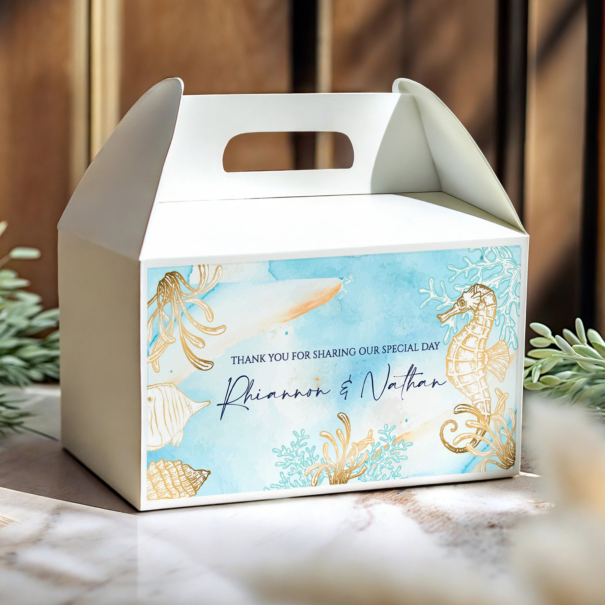 Ocean seahorse wedding gable favour box, Dhiannon & Nathan on blue panel