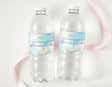 Personalised water bottle labels on two clear plastic bottles with blue design