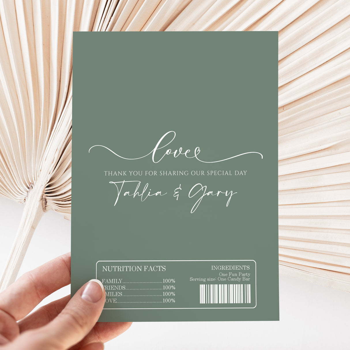 Sage wedding chocolate wrapper with "Love" text, couple names, and nutrition details
