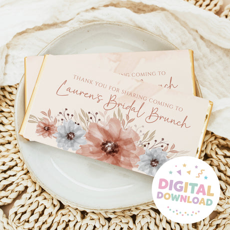 Bridal brunch chocolate bar wrapper with watercolor floral design and 'Lauren's' text