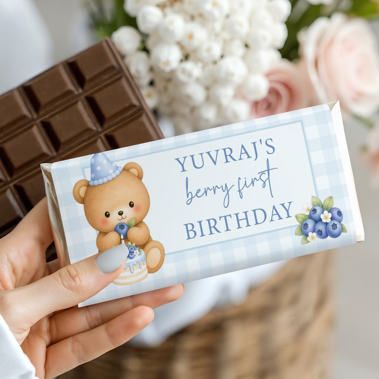 Blue Berry First Birthday Chocolate Bar Silver Foil