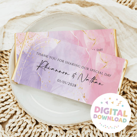 Wedding chocolate bar with pink purple gold marble wrapper, thank-you sharing message