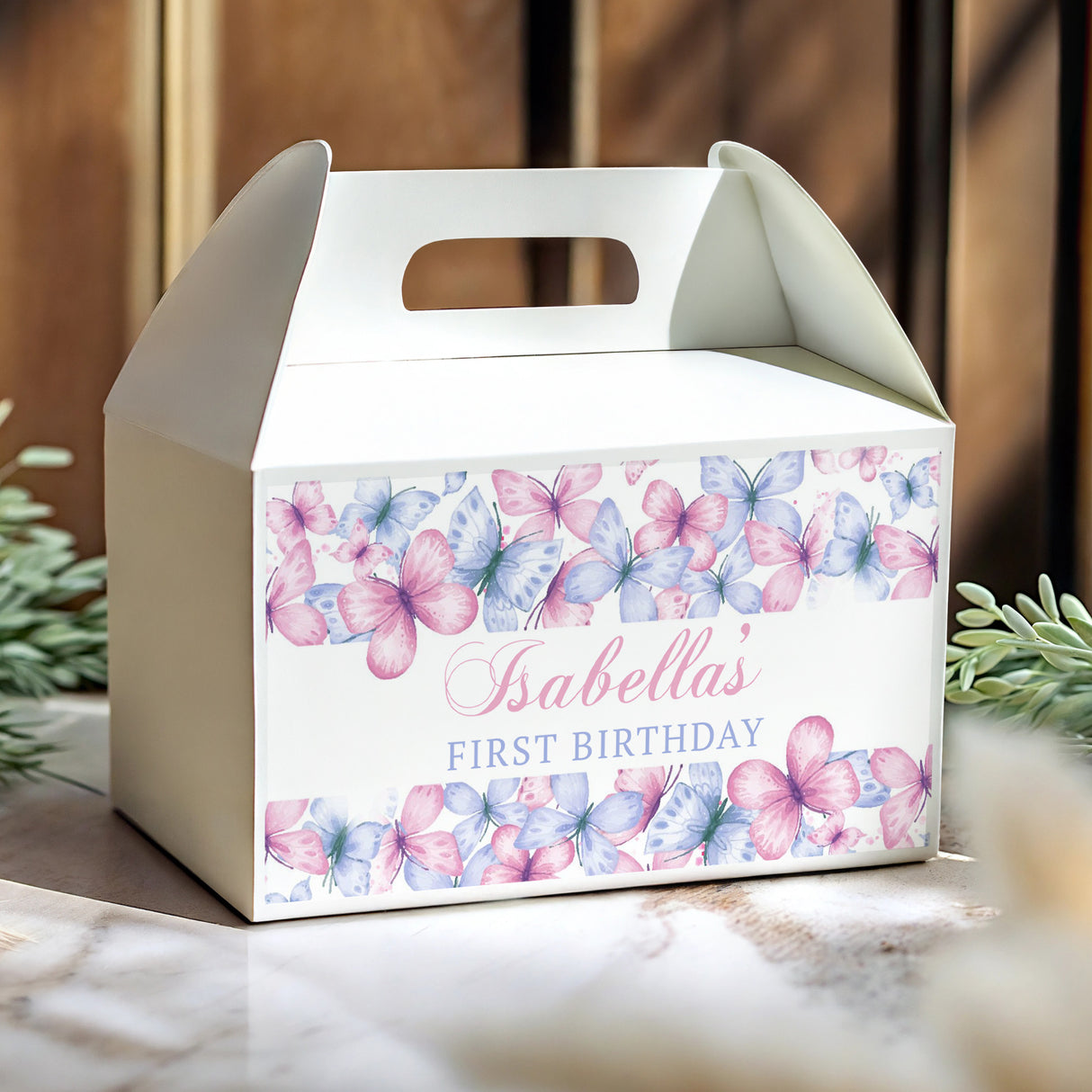 Pastel butterfly first birthday gable favour box with “Isabella’s” and floral print