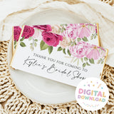 Printable chocolate bar wrapper with pink rose floral design and thank-you message