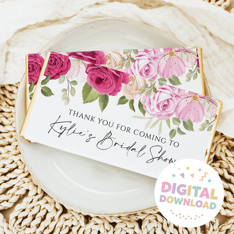 Printable chocolate bar wrapper with pink rose floral design and thank-you message