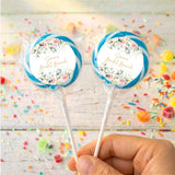 Personalised bridal shower lollipops with blue-edged wrappers and floral printed labels