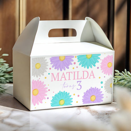 Personalised gable favour box, pastel daisy print with 'Matilda turns 3'