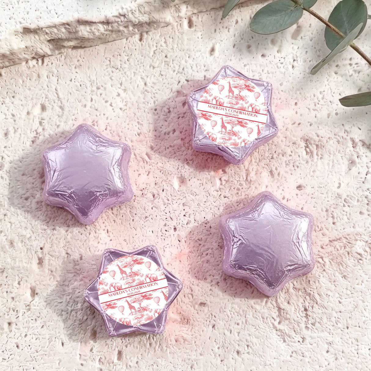 Red Safari Toile Confirmation Personalised Foil Covered Chocolate Stars