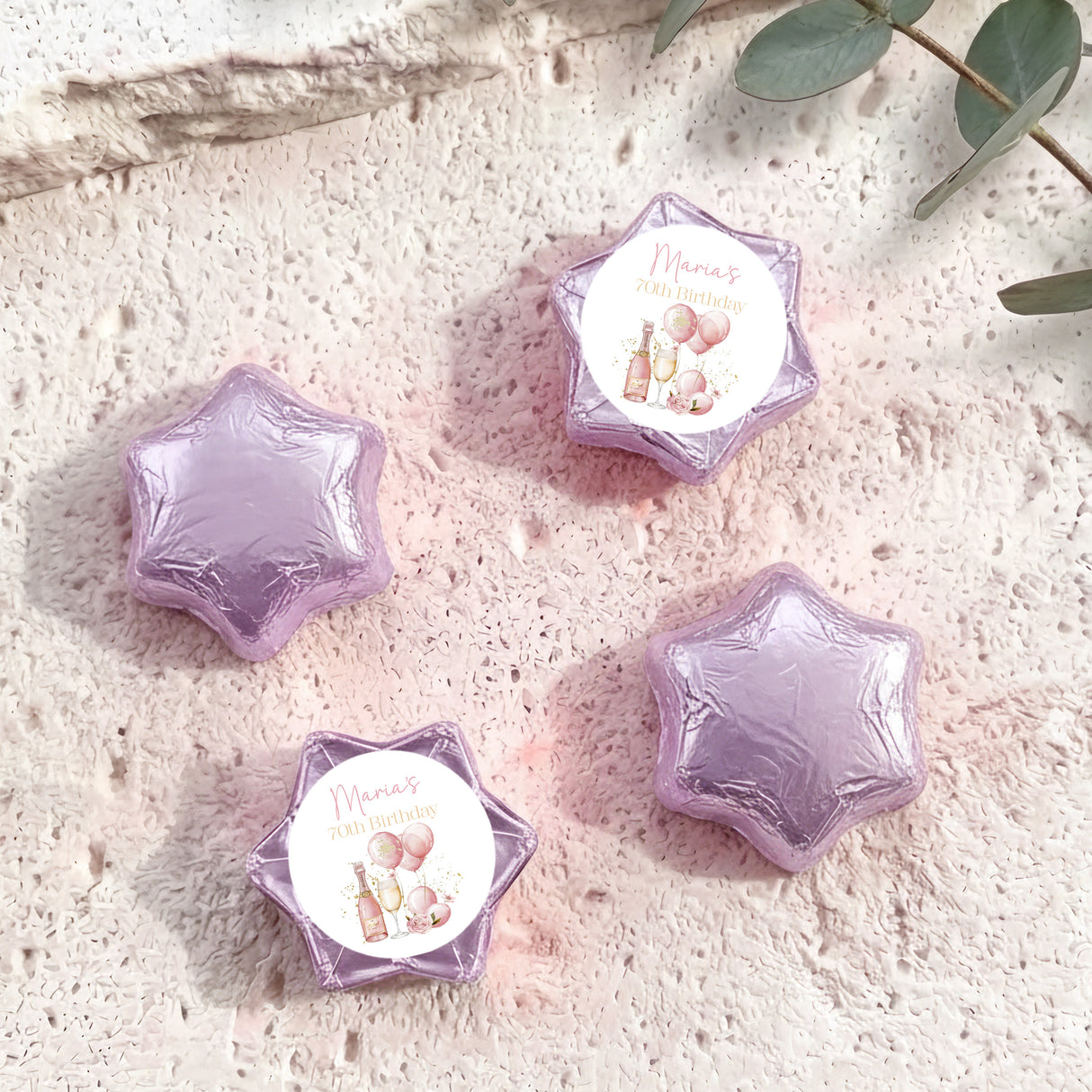 Pink Champagne 70th Birthday Personalised Foil Covered Chocolate Stars