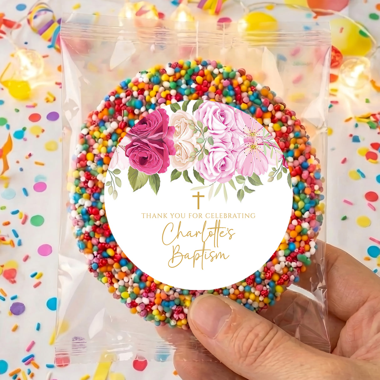 Personalised baptism giant freckles charm in clear bag with multicolor bead ring and floral card