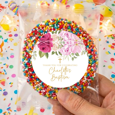 Personalised baptism giant freckles charm in clear bag with multicolor bead ring and floral card