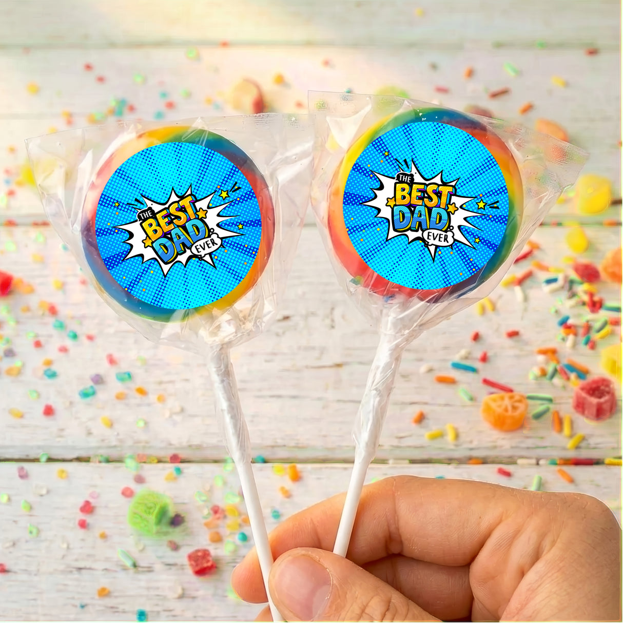 Best Dad Ever Fathers Day Blue Comic Personalised Lollipops