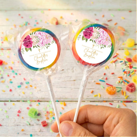 Rainbow rose baptism lollipops, clear wrappers, two personalized sticks with floral labels