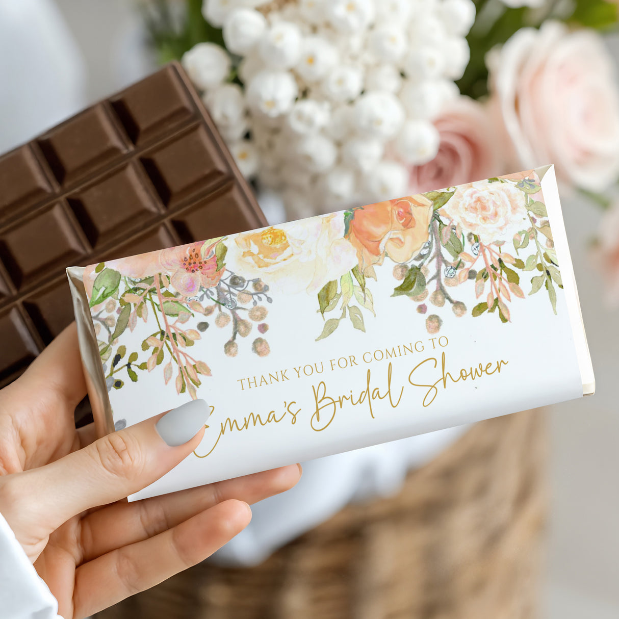 Floral bridal shower chocolate bar with white wrapper and “Thank you” message