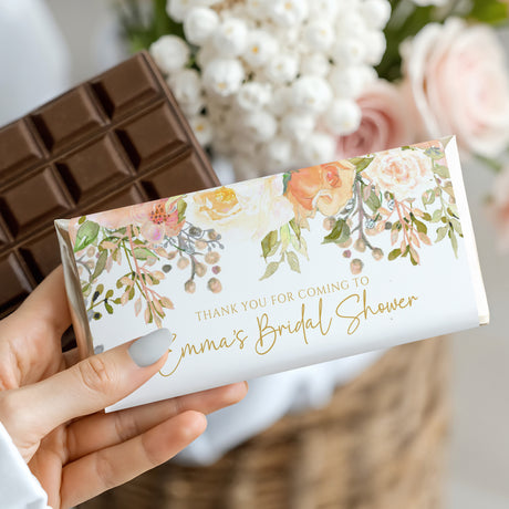 Floral bridal shower chocolate bar with white wrapper and “Thank you” message