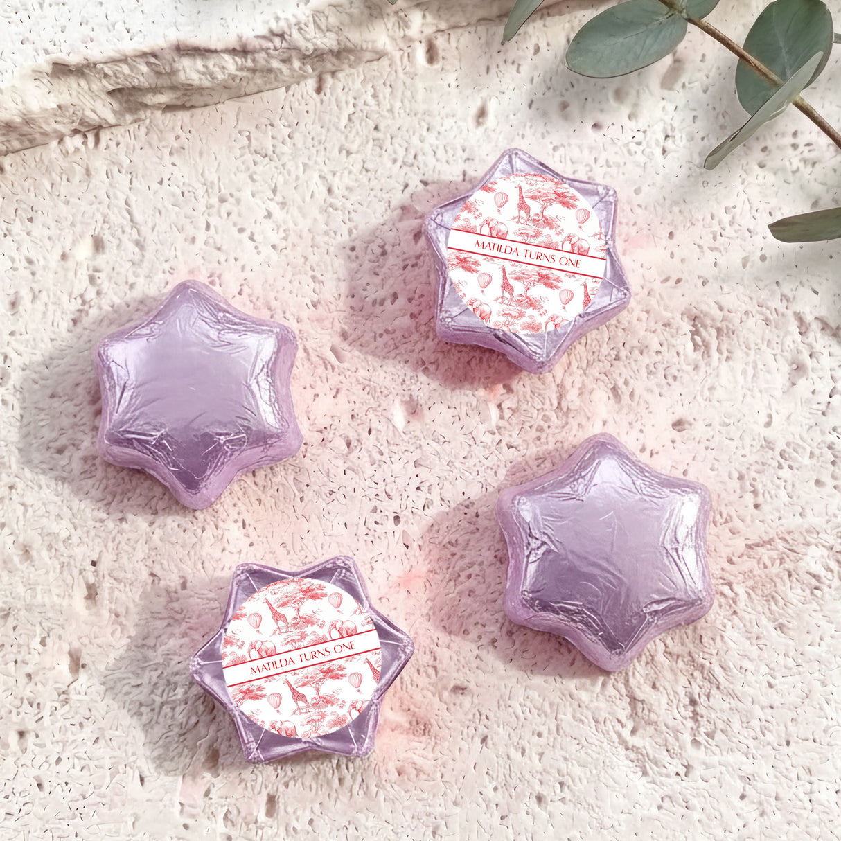 Red Safari Toile First Birthday Personalised Foil Covered Chocolate Stars