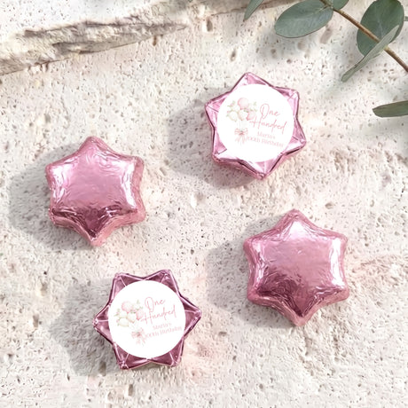 Balloons Bow 100th Birthday Personalised Foil Covered Chocolate Stars