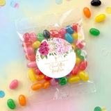 Personalised jelly bean bag with pink rose round label and multicolour candy in clear wrapper