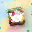 Pink rose Christening party mix lolly bag with round floral thank-you label