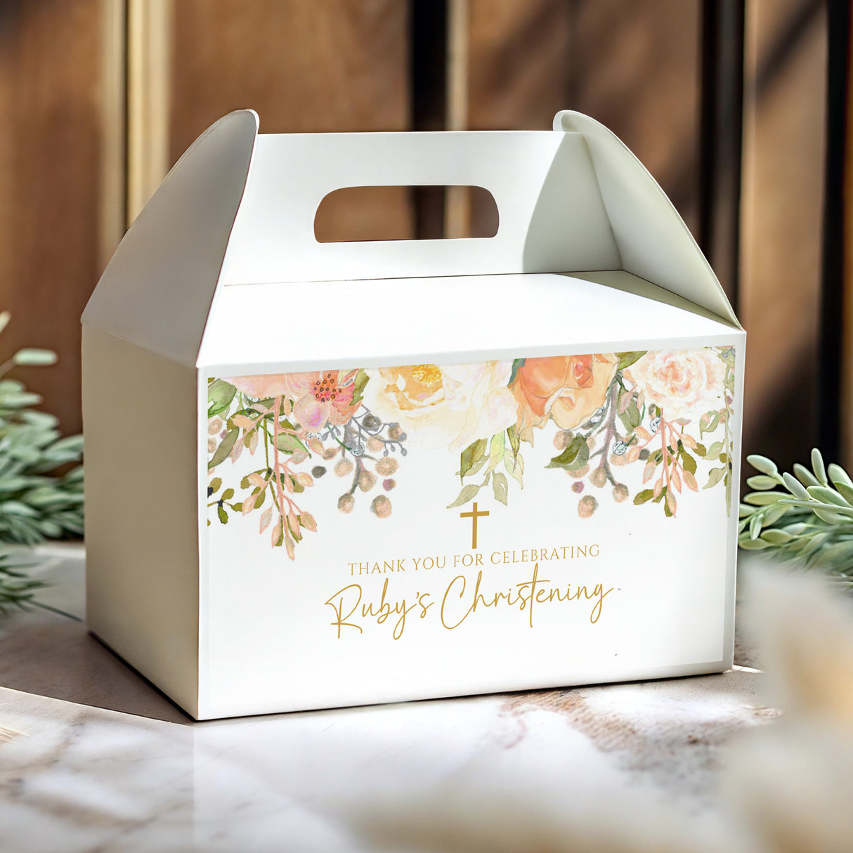 White gable favour box with peach floral front, christening wording and cross