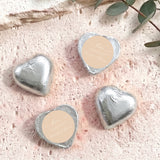 Foil-covered chocolate hearts, silver, with round personalised message label