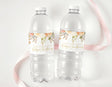 Personalised water bottle labels with peach floral and gold cross designs