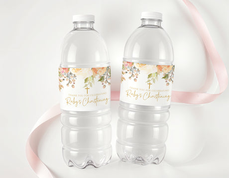 Personalised water bottle labels with peach floral and gold cross designs