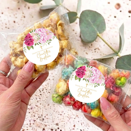 Clear popcorn gift bag with colorful popcorn and round pink rose personalized label
