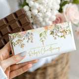 Custom christening chocolate bar wrapper, floral leaves and gold cross with name