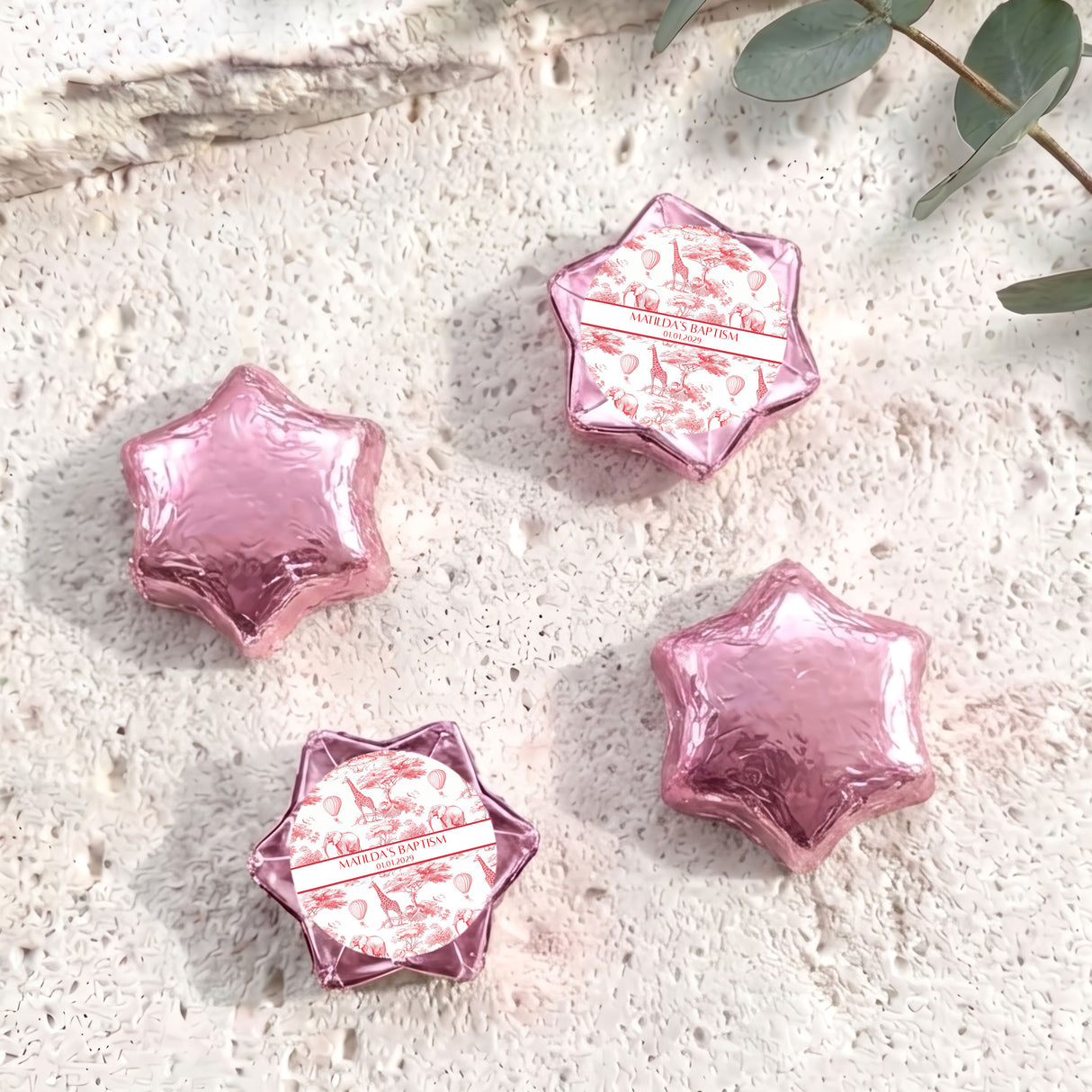 Red Safari Toile Baptism Personalised Foil Covered Chocolate Stars