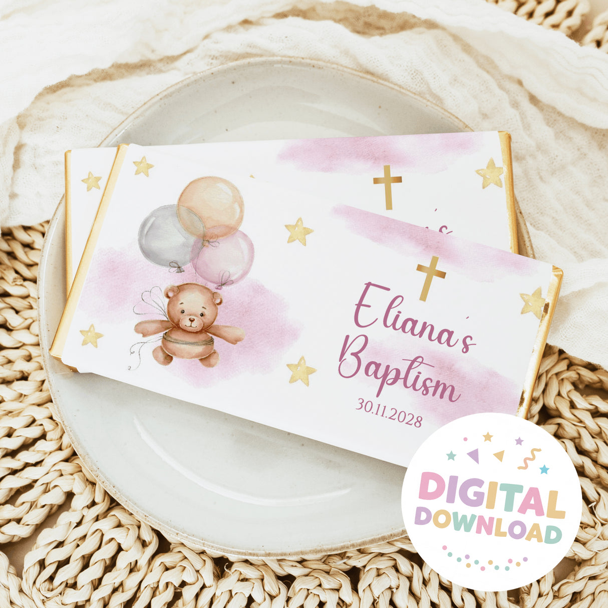 Custom baptism chocolate bar wrappers with teddy, balloons, cross and name Eliana
