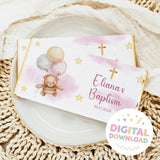Custom baptism chocolate bar wrappers with teddy, balloons, cross and name Eliana