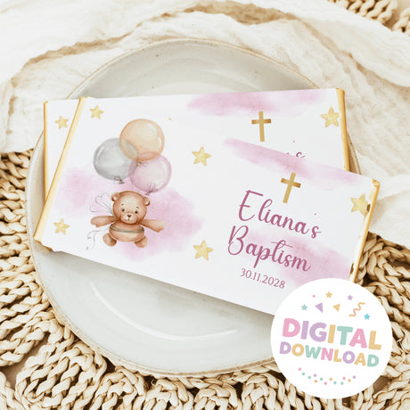Custom baptism chocolate bar wrappers with teddy, balloons, cross and name Eliana