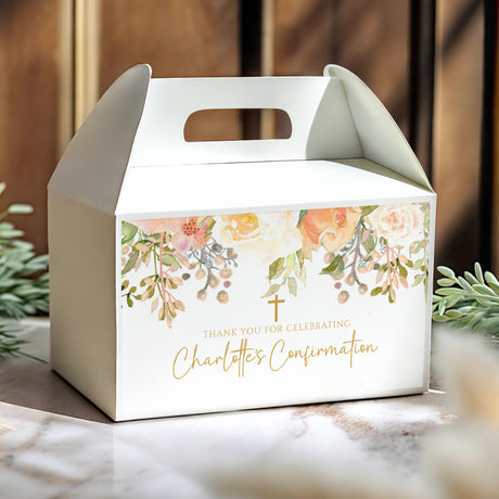 Personalised gable favour box in white with peach floral print, cross and Thank You text