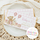 Chocolate bar wrapper with teddy bear, balloons, pink 'Ruby is 2' and 'Thank you' text