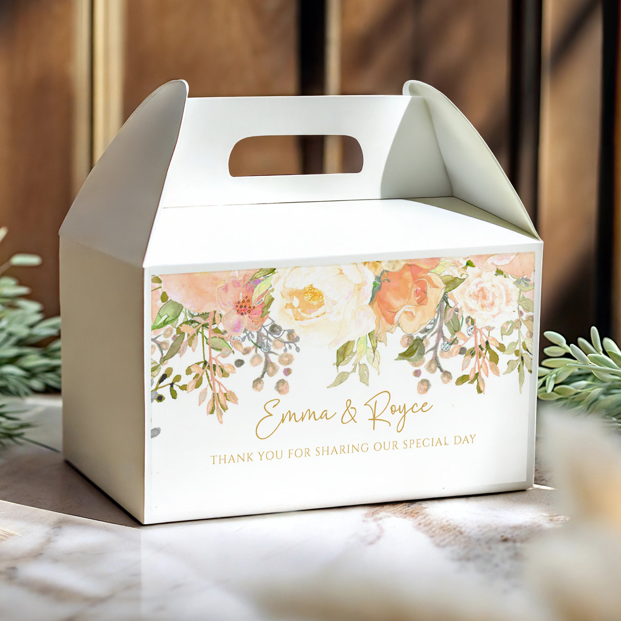 Peach floral wedding gable favour box with Emma & Royce text and thank you message