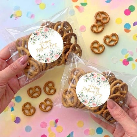Clear bag of pretzels with pink rose floral ‘Happy Mother’s Day’ sticker, two pack