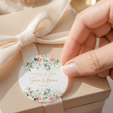 Round wedding labels with pink roses, eucalyptus wreath and event text
