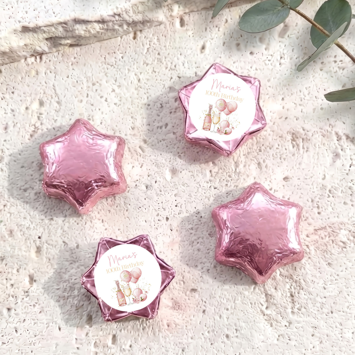 Pink Champagne 100th Birthday Personalised Foil Covered Chocolate Stars