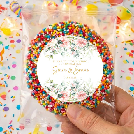 Personalised wedding giant freckles favor with round floral thank-you label, held in hand