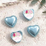 Blue foil-covered heart chocolates with floral 'Happy Mother's Day' message