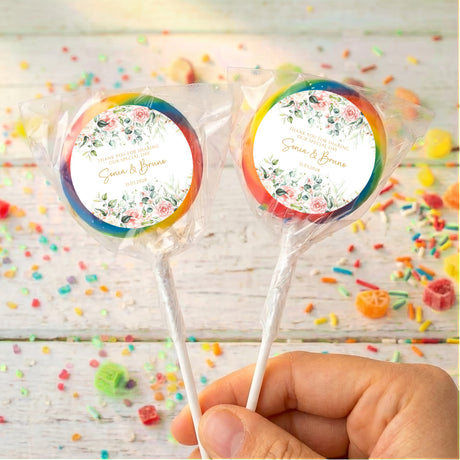 Personalised rose lollipops with rainbow border, floral circular label with printed names