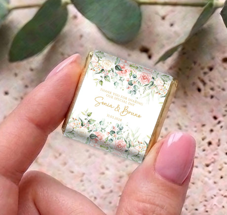 Pink rose floral mini chocolates in gold-edged wrapper, personalized thank-you card