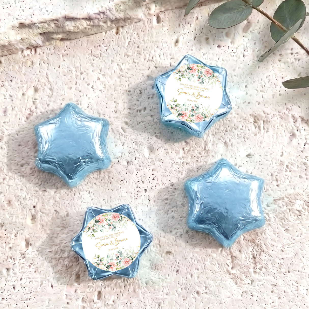 Blue foil-wrapped chocolate stars with floral personalized center label (set of 5)