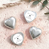 Silver heart foil-covered chocolates with white personalized label, Love is Sweet style