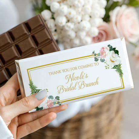 Bridal shower chocolate bar with gold border, florals, and Bridal Brunch text