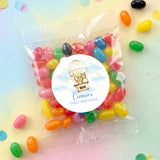 Personalised jelly bean bag with round label for Conner's First Birthday