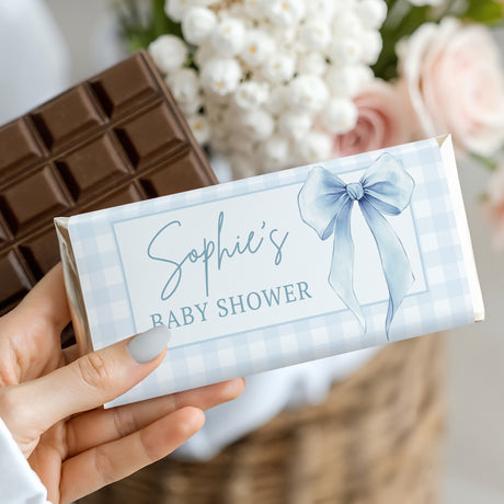 Blue Bow Baby Shower Chocolate Bar Silver Foil