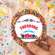 Personalized giant freckles candy mix in clear bag with round race-themed label