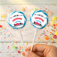 Personalised race car lollipops with blue-striped wrapper and printed car labels
